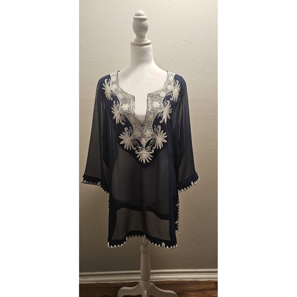 Soft Surroundings Sheer Navy Blue‎ Tunic Large Embroidered Boho Resort Coastal